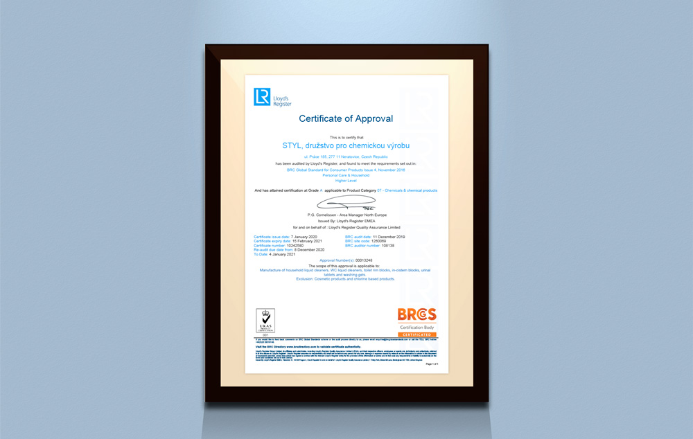 certifikt-2020 Lloyd's Register Certificate of Approval STYL, družstvo pro chemickou výrobu